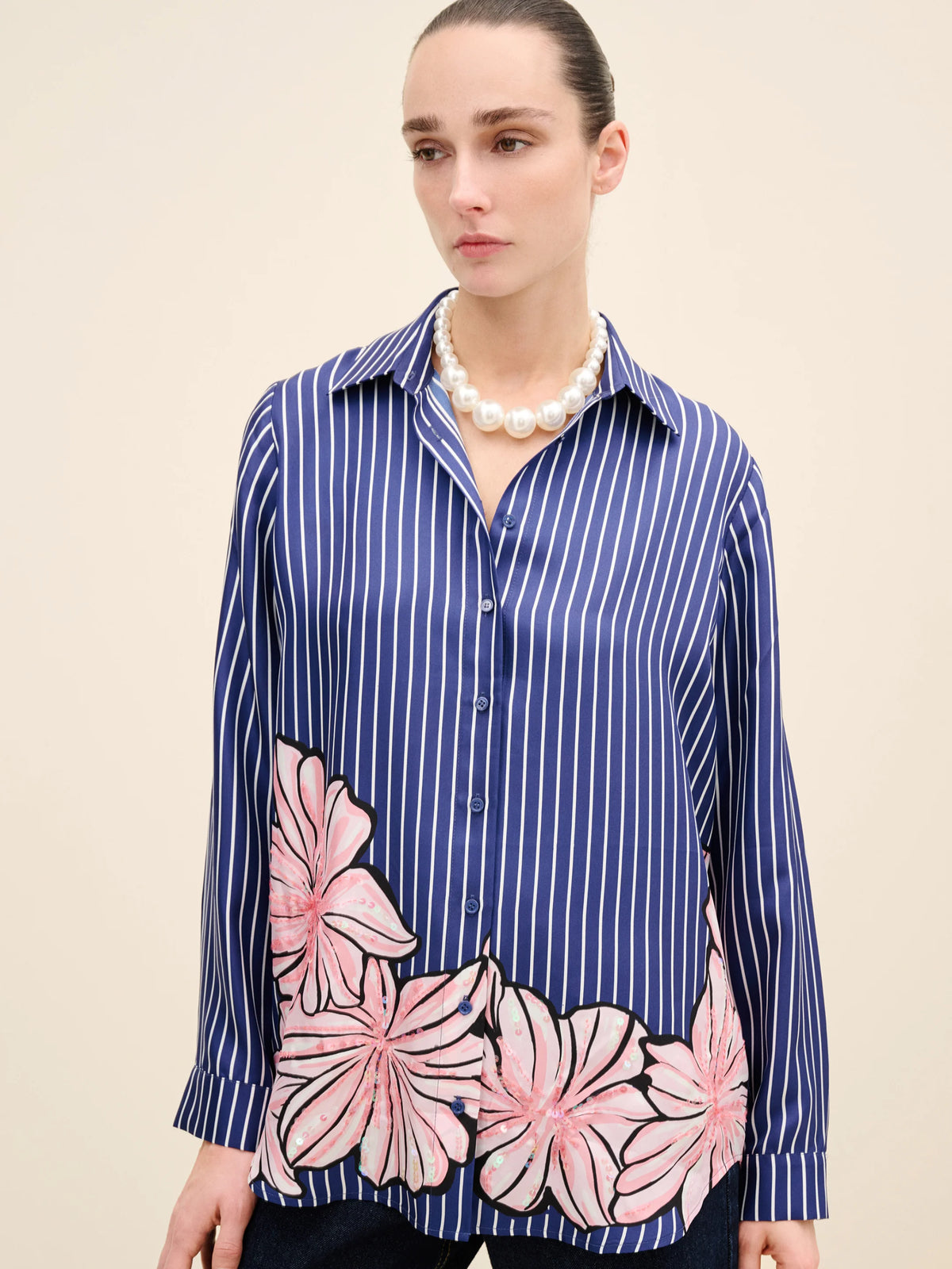 NÉAN Floral-Printed Striped Silk Shirt - Multi Color