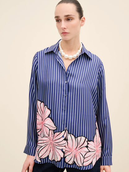 NÉAN Floral-Printed Striped Silk Shirt - Multi Color