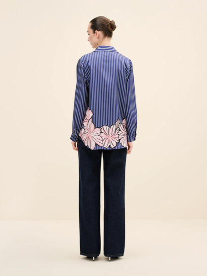 NÉAN Floral-Printed Striped Silk Shirt - Multi Color