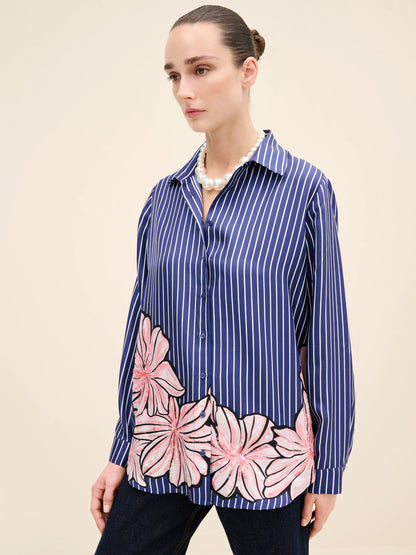 NÉAN Floral-Printed Striped Silk Shirt - Multi Color