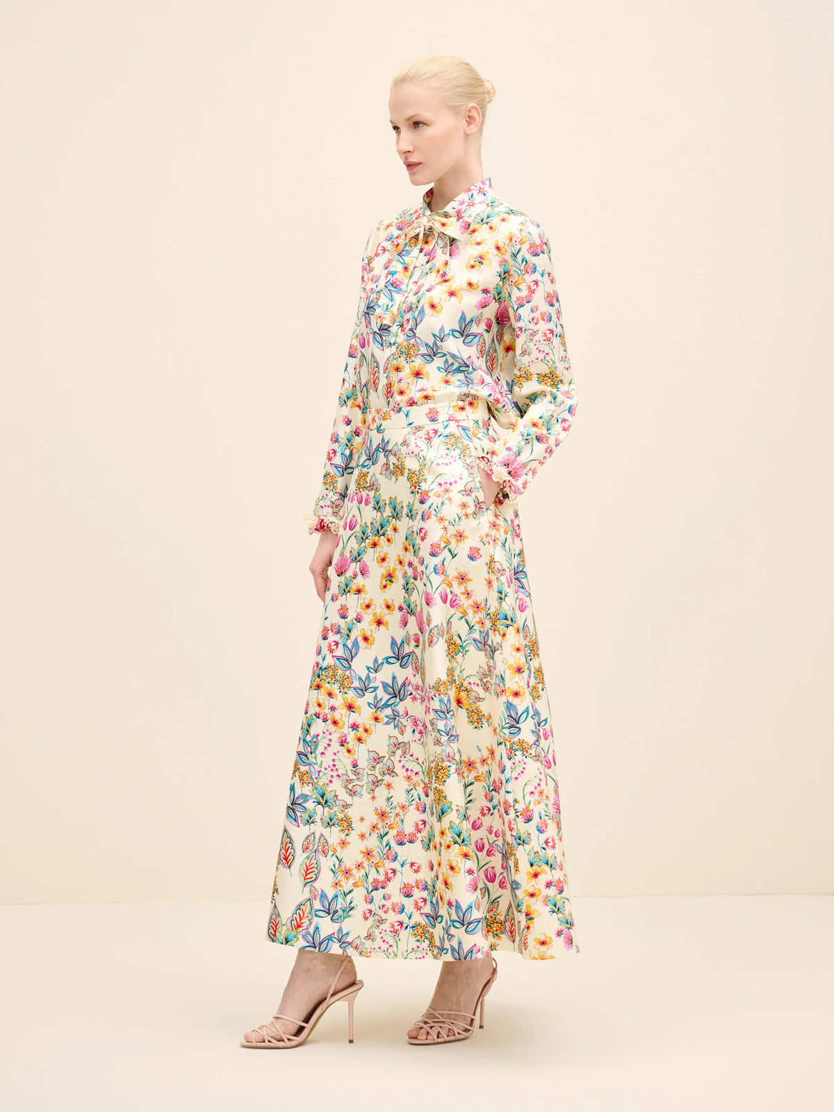 NÉAN Floral Silk Midi Skirt - Multi Color