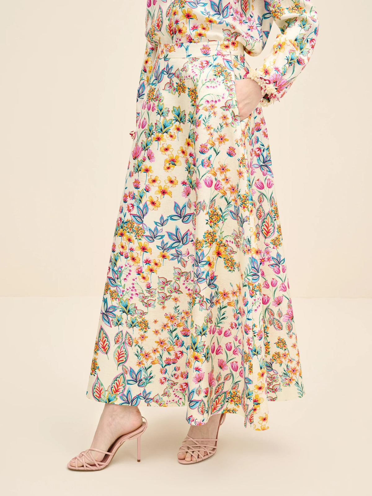 NÉAN Floral Silk Midi Skirt - Multi Color