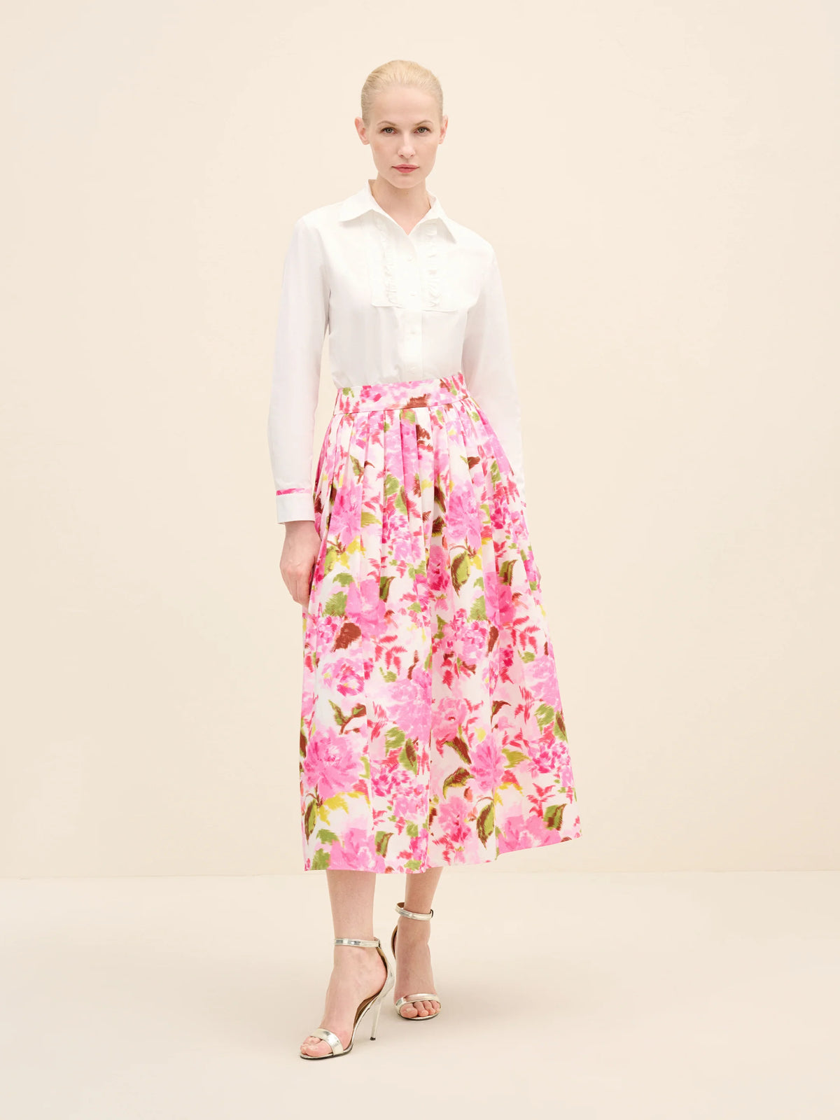 NÉAN High-Rise Pleated Printed Poplin Midi Skirt - Multi Color