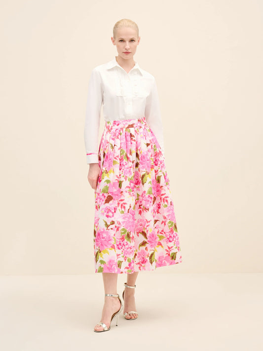 NÉAN High-Rise Pleated Printed Poplin Midi Skirt - Multi Color