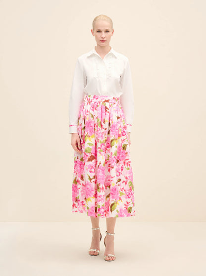 NÉAN High-Rise Pleated Printed Poplin Midi Skirt - Multi Color