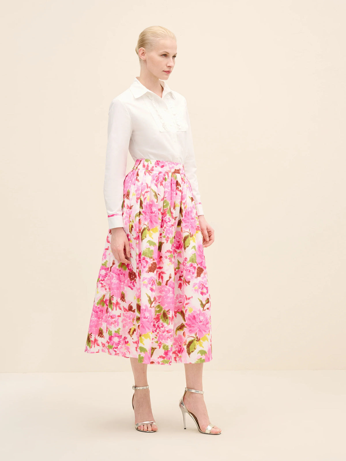 NÉAN High-Rise Pleated Printed Poplin Midi Skirt - Multi Color