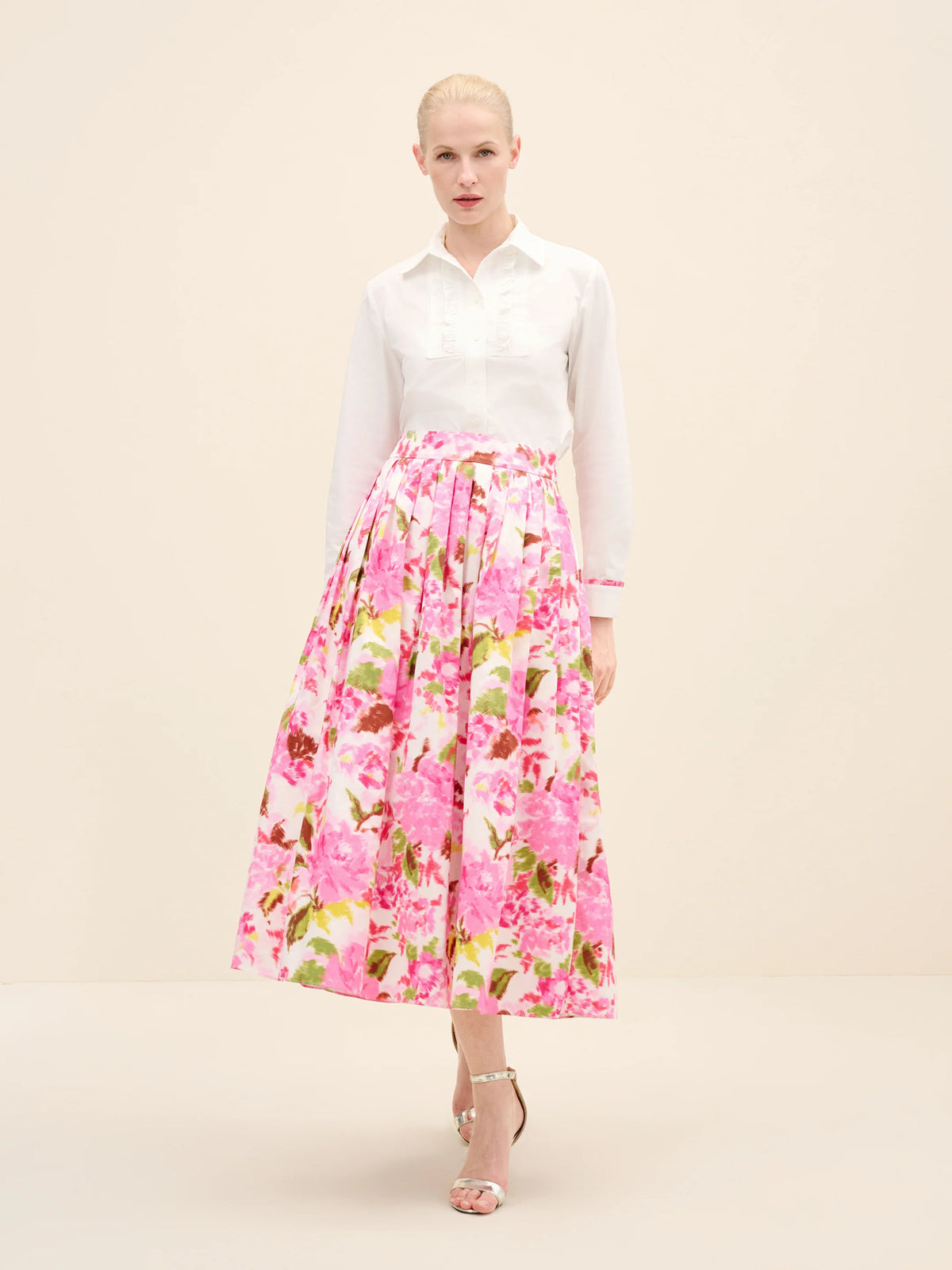 NÉAN High-Rise Pleated Printed Poplin Midi Skirt - Multi Color