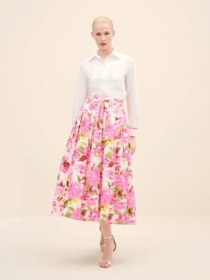 NÉAN High-Rise Pleated Printed Poplin Midi Skirt - Multi Color