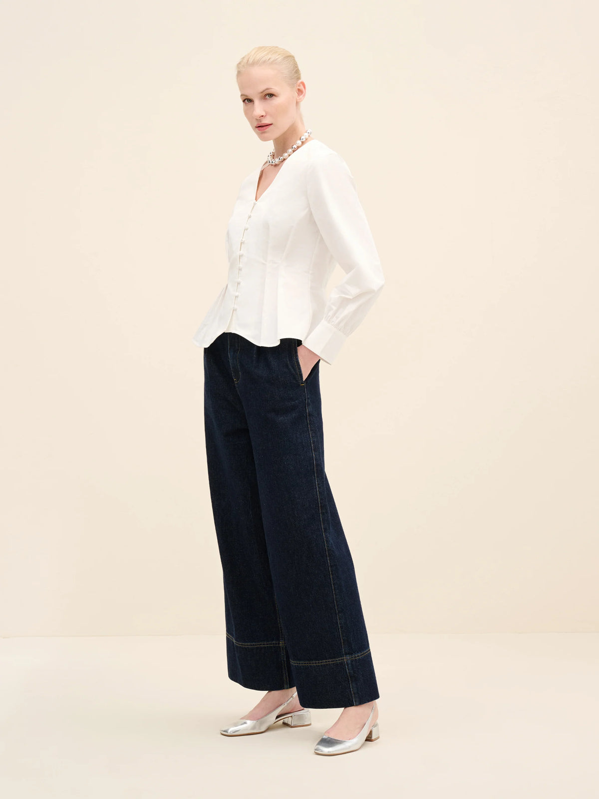 NÉAN Pleated Waist Cotton Blouse - White