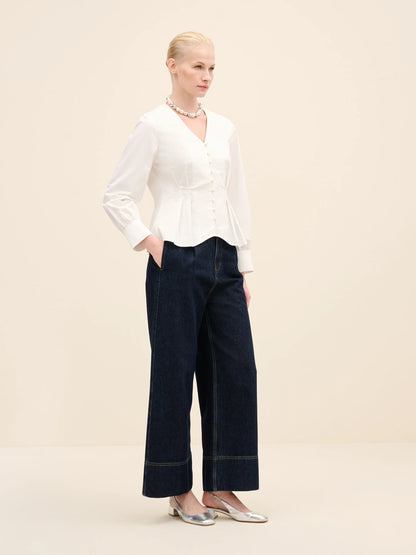 NÉAN Pleated Waist Cotton Blouse - White