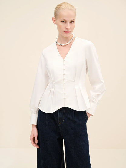 NÉAN Pleated Waist Cotton Blouse - White