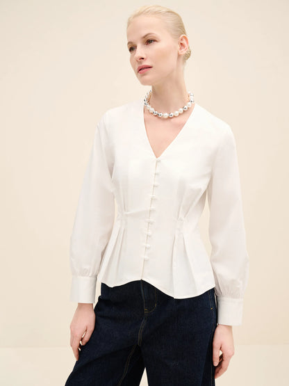 NÉAN Pleated Waist Cotton Blouse - White
