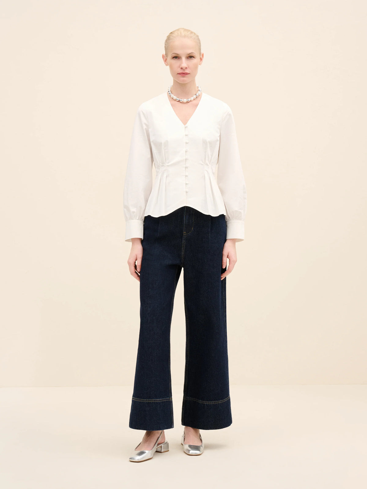 NÉAN Pleated Waist Cotton Blouse - White