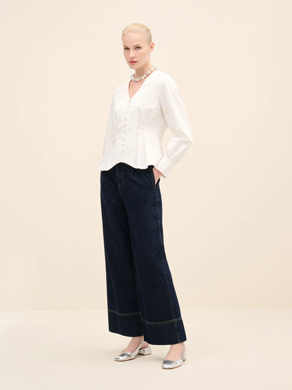 NÉAN Pleated Waist Cotton Blouse - White