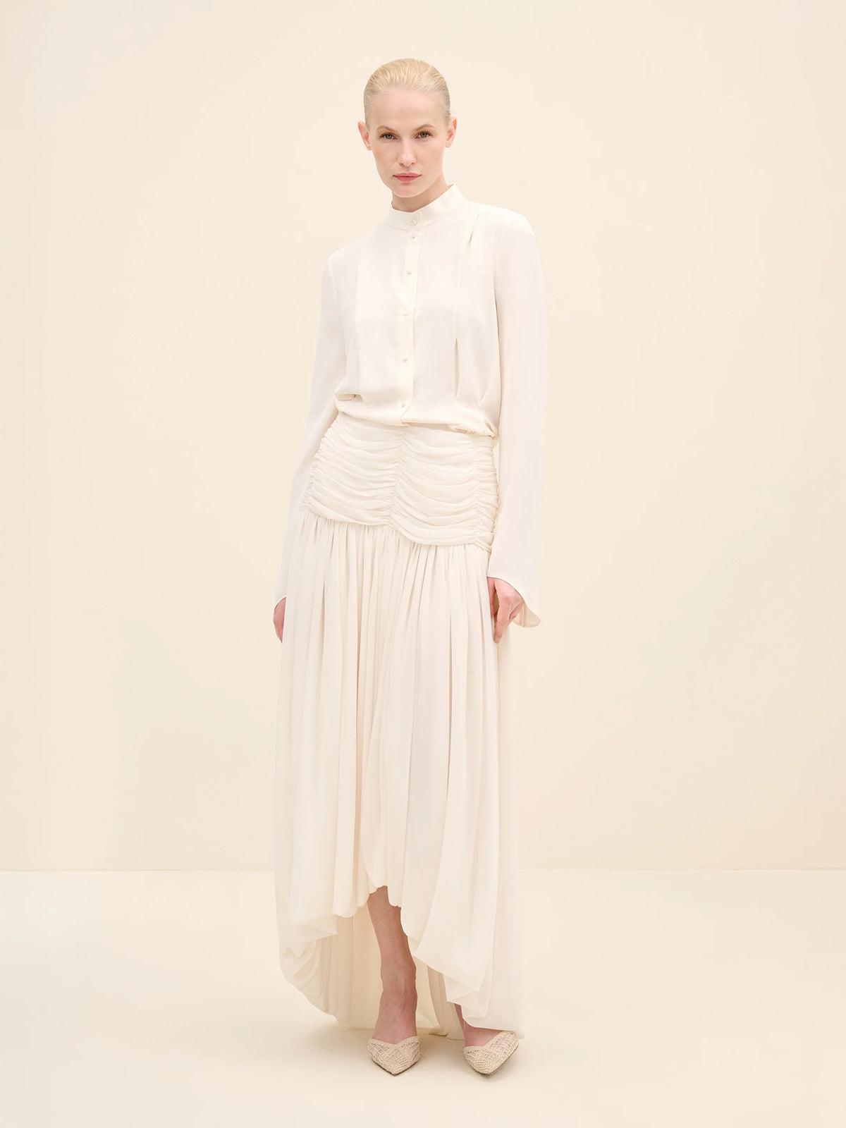 NÉAN Ruched Waist Midi Skirt - Off White