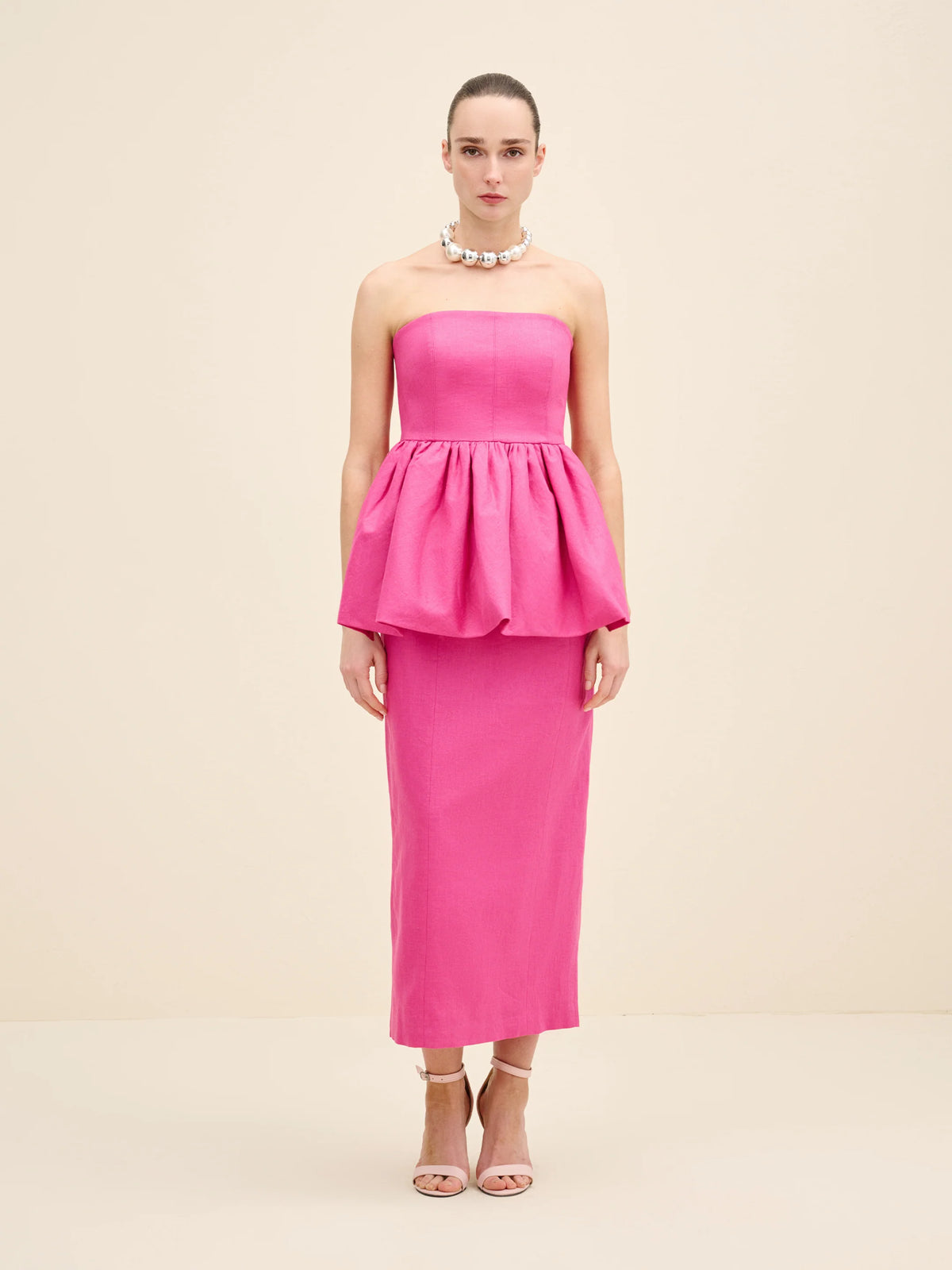 NÉAN Strapless Peplum Linen Midi Dress - Fuchsia