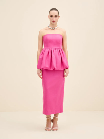 NÉAN Strapless Peplum Linen Midi Dress - Fuchsia
