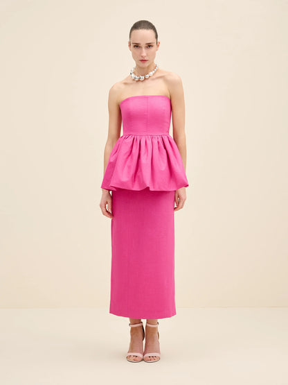 NÉAN Strapless Peplum Linen Midi Dress - Fuchsia