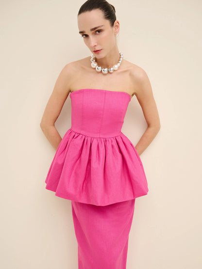 NÉAN Strapless Peplum Linen Midi Dress - Fuchsia