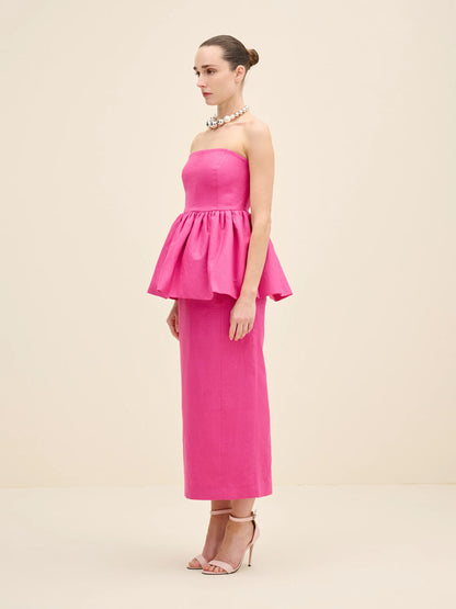 NÉAN Strapless Peplum Linen Midi Dress - Fuchsia