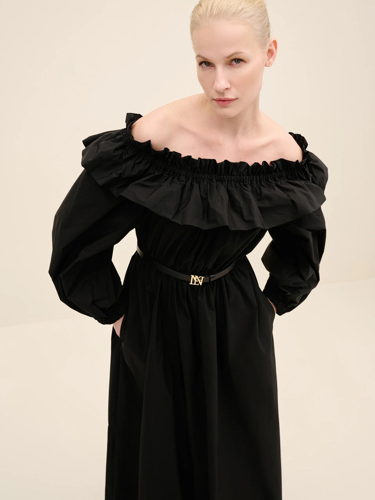 NÉAN Taffetta Off Shoulder Dress - Black