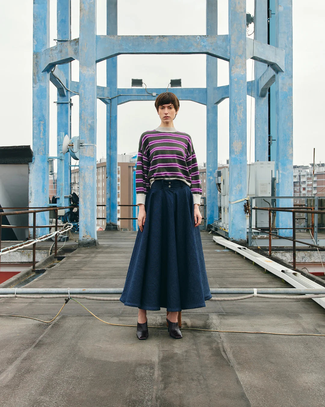 PSIDE Circle Denim Midi Skirt - Blue