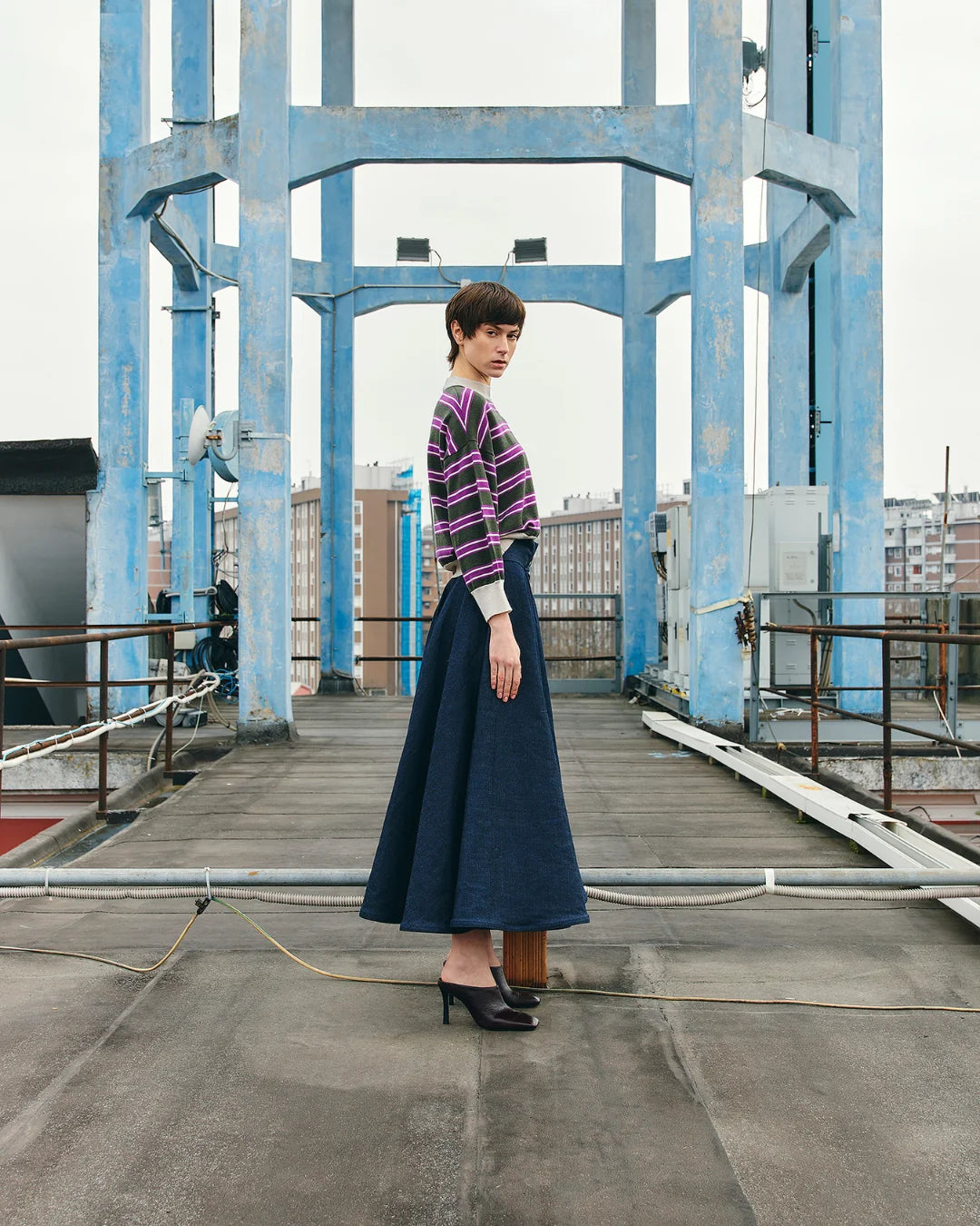 PSIDE Circle Denim Midi Skirt - Blue
