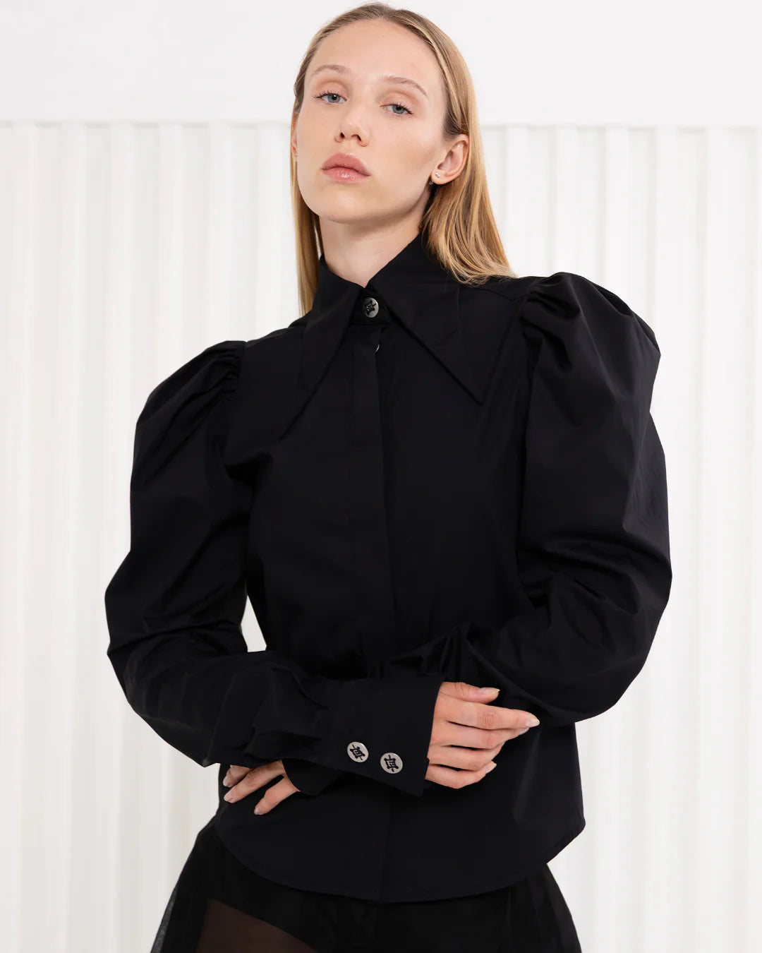 Designer black long sleeve puff sleeve cotton shirt | PSIDE italian luxury brand