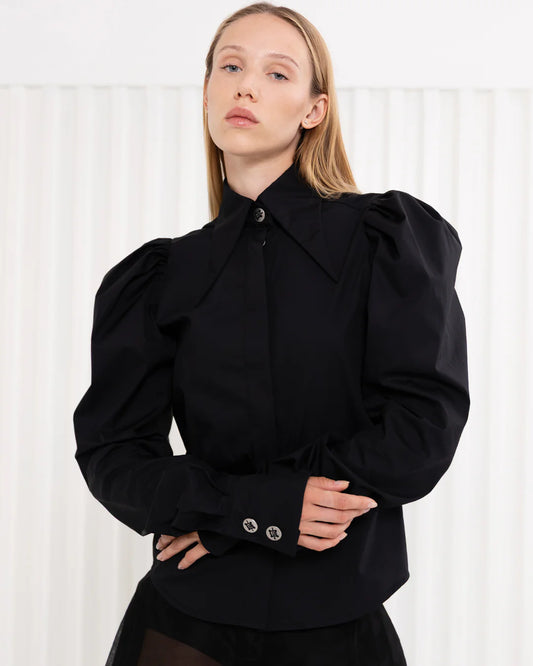 Designer black long sleeve puff sleeve cotton shirt | PSIDE italian luxury brand