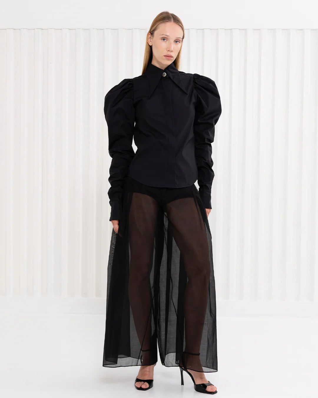 Designer black long sleeve puff sleeve cotton shirt | PSIDE italian luxury brand
