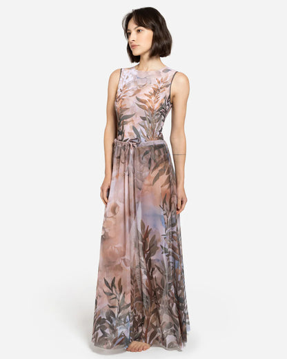 Designer maxi sheer beach skirt with a botanical leaf print in muted tones of dusty pink, taupe, brown, and soft blue-gray | RODA