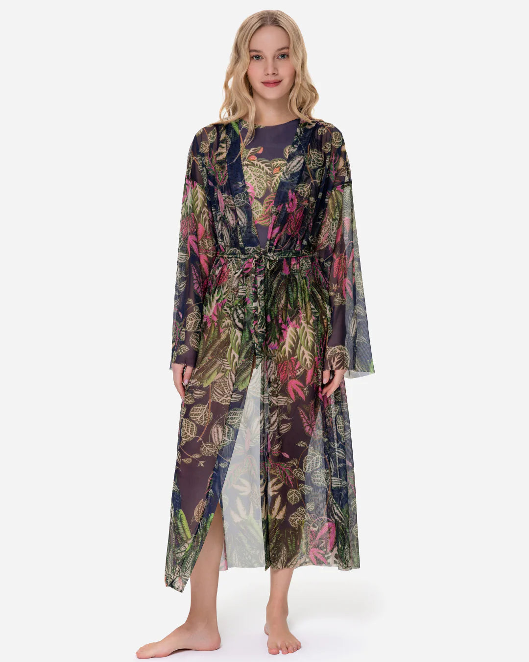 Designer long-sleeved sheer maxi beach robe with tropical leaf print | RODA