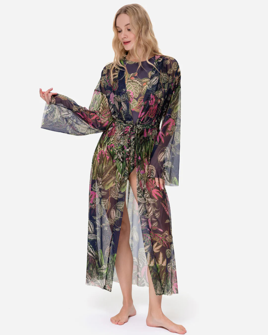 Designer long-sleeved sheer maxi beach robe with tropical leaf print | RODA