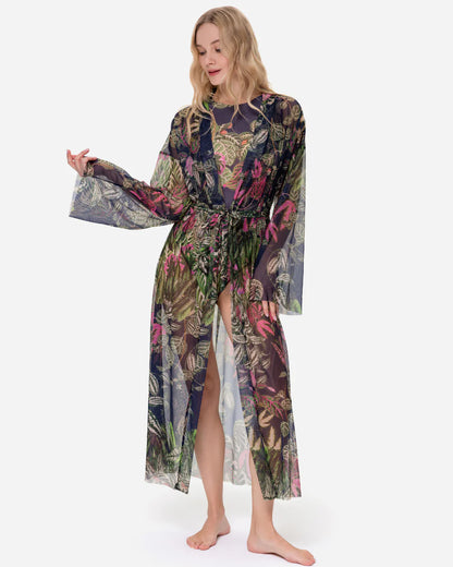 Designer long-sleeved sheer maxi beach robe with tropical leaf print | RODA