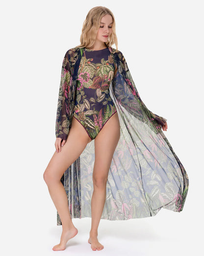 Designer long-sleeved sheer maxi beach robe with tropical leaf print | RODA