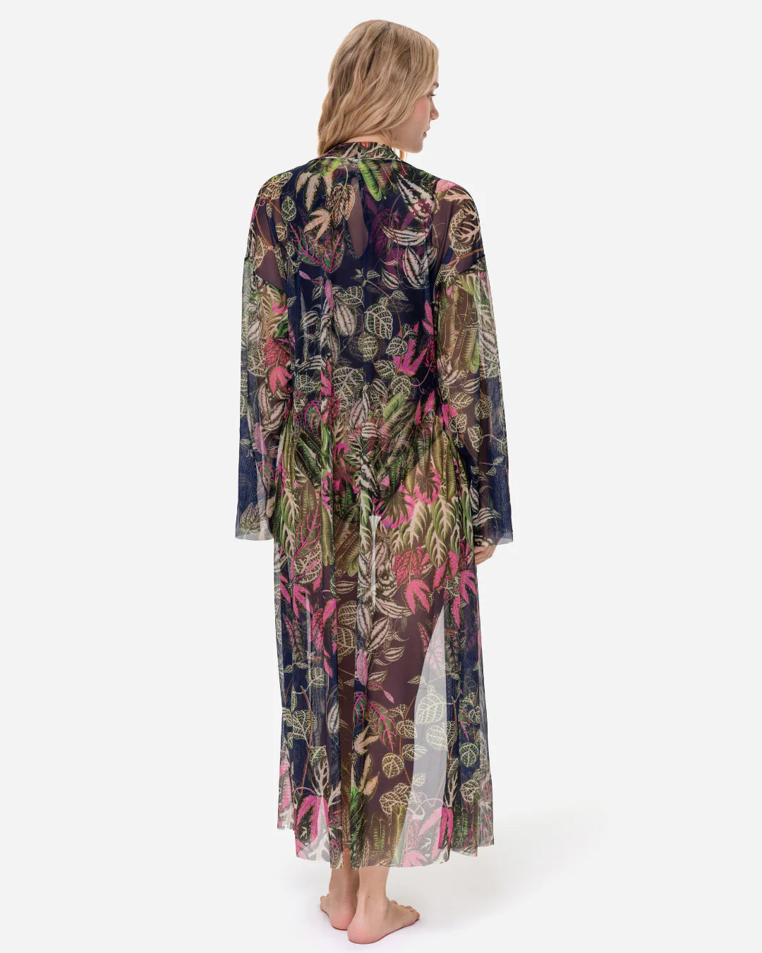 Designer long-sleeved sheer maxi beach robe with tropical leaf print | RODA