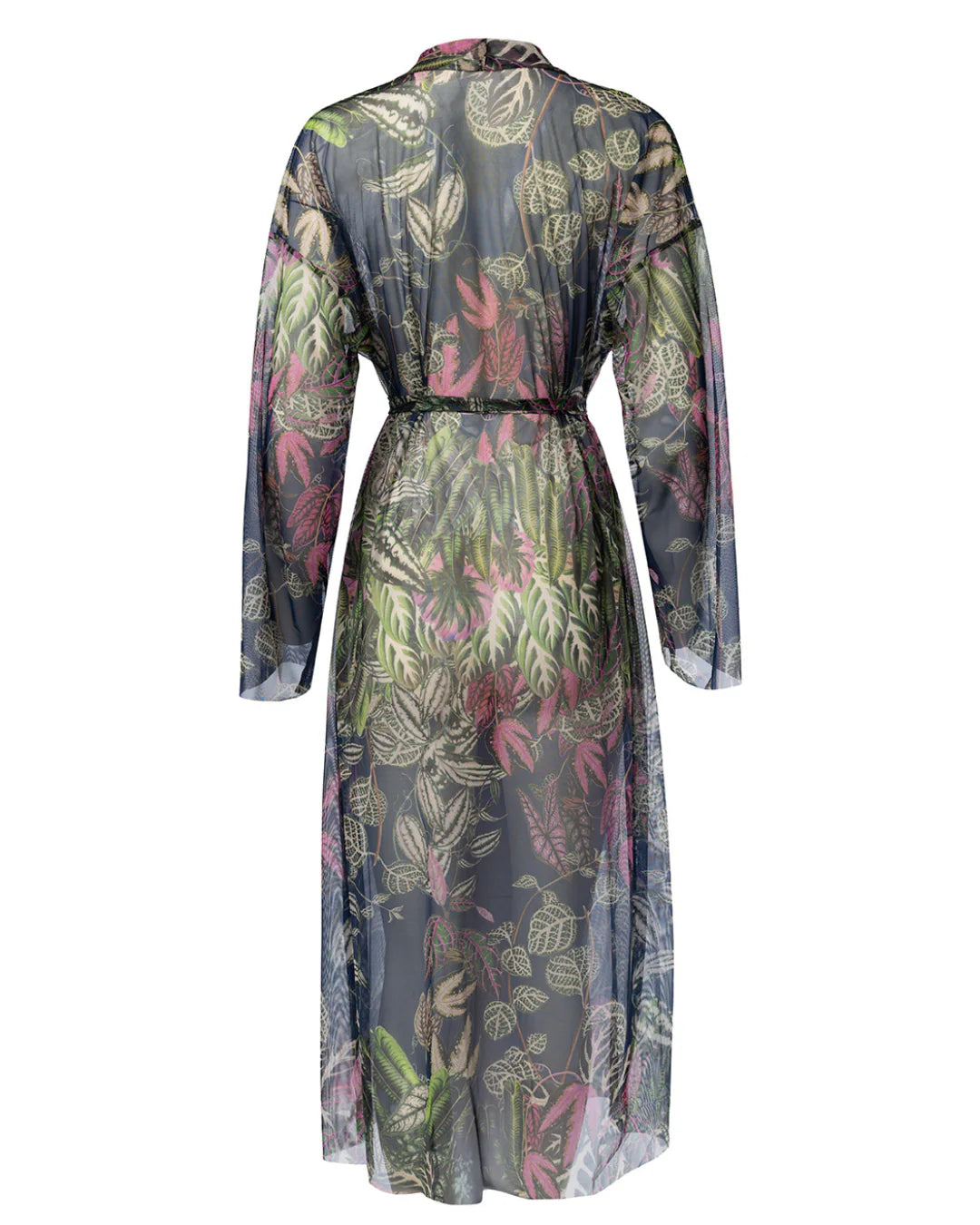 Designer long-sleeved sheer maxi beach robe with tropical leaf print | RODA