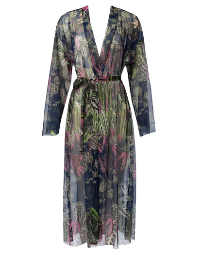 Designer long-sleeved sheer maxi beach robe with tropical leaf print | RODA