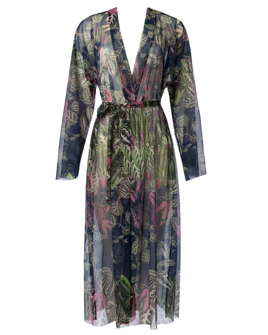 Designer long-sleeved sheer maxi beach robe with tropical leaf print | RODA