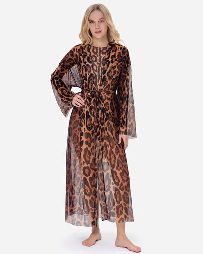 Designer long-sleeved sheer maxi beach robe with leopard print | RODA