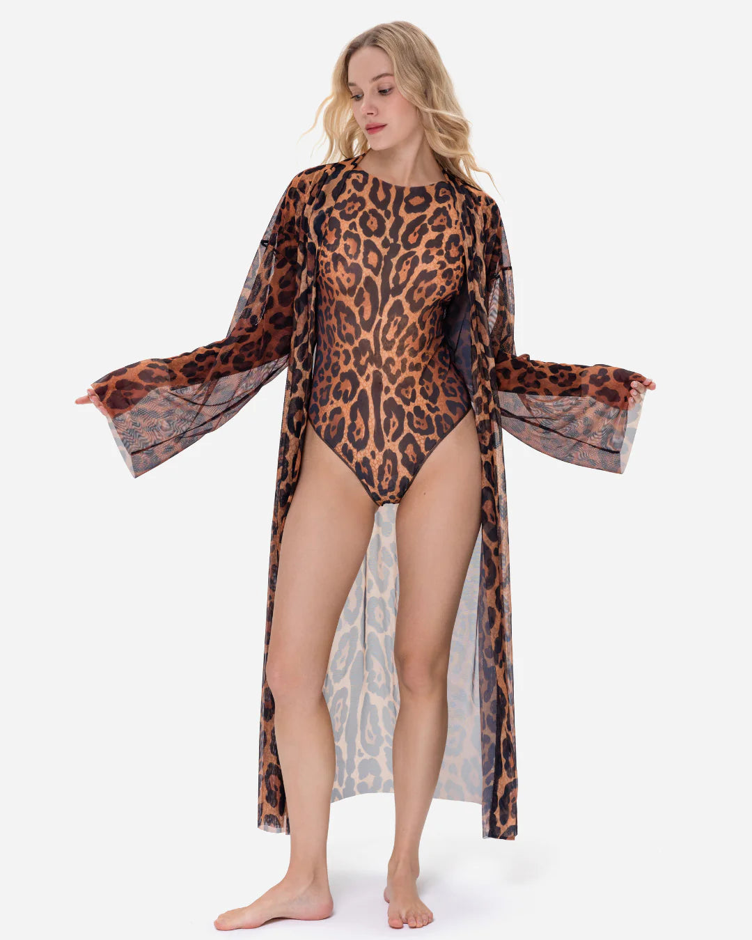 Designer long-sleeved sheer maxi beach robe with leopard print | RODA