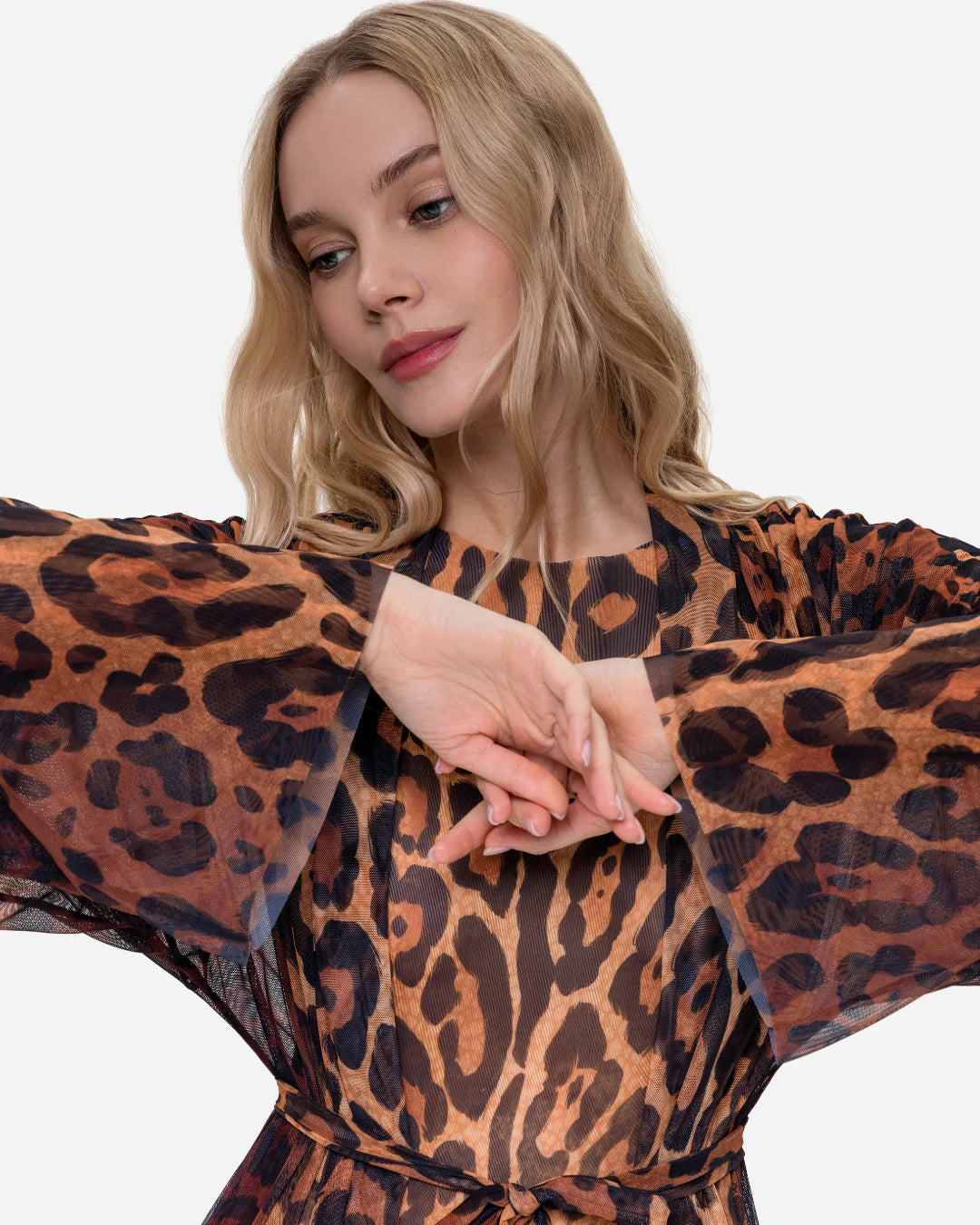 Designer long-sleeved sheer maxi beach robe with leopard print | RODA