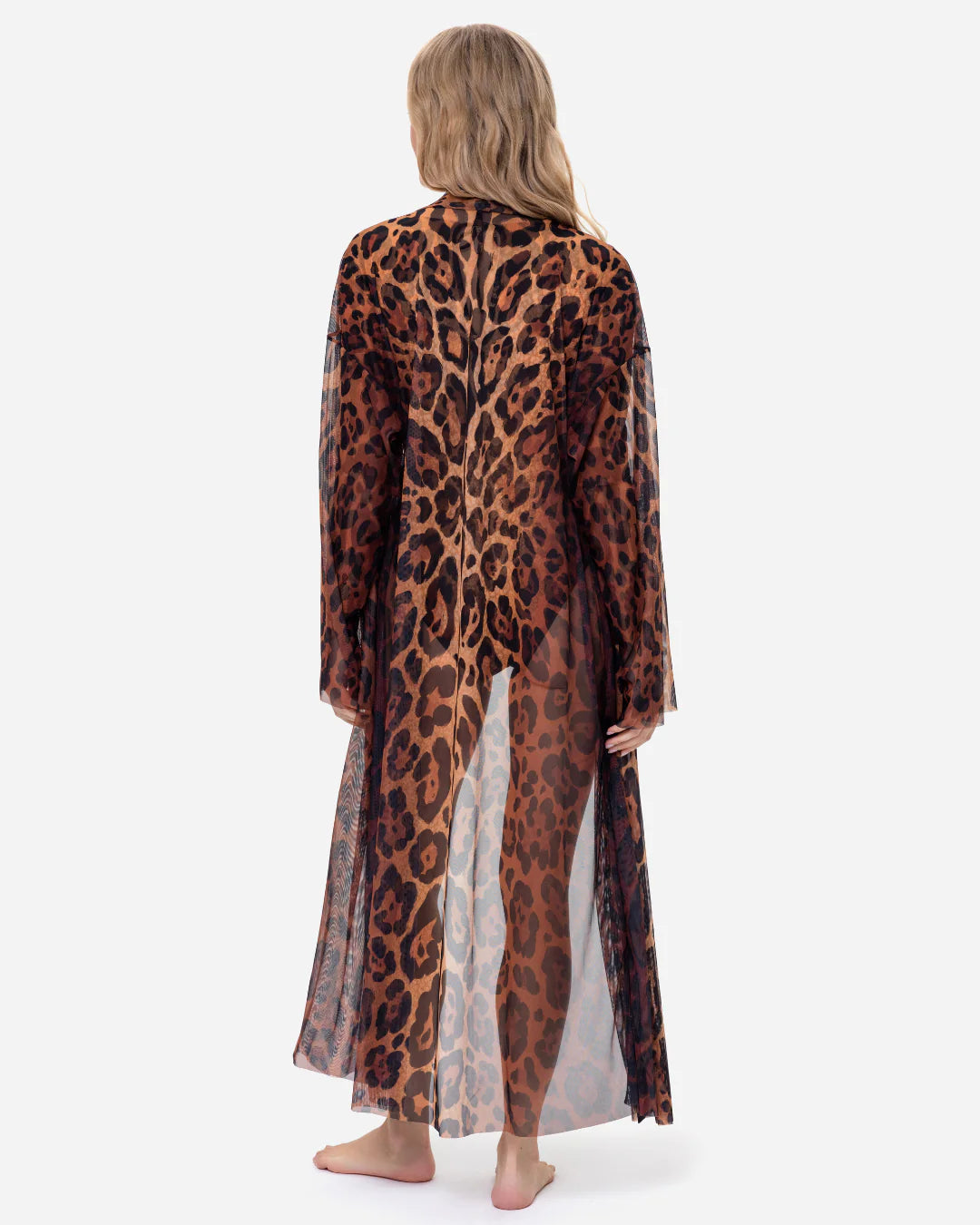 Designer long-sleeved sheer maxi beach robe with leopard print | RODA
