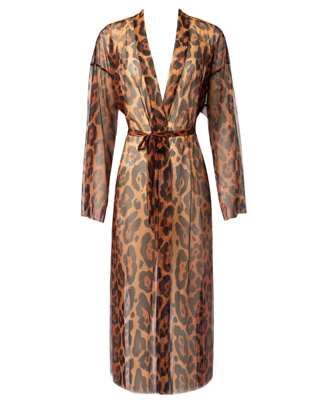 Designer long-sleeved sheer maxi beach robe with leopard print | RODA