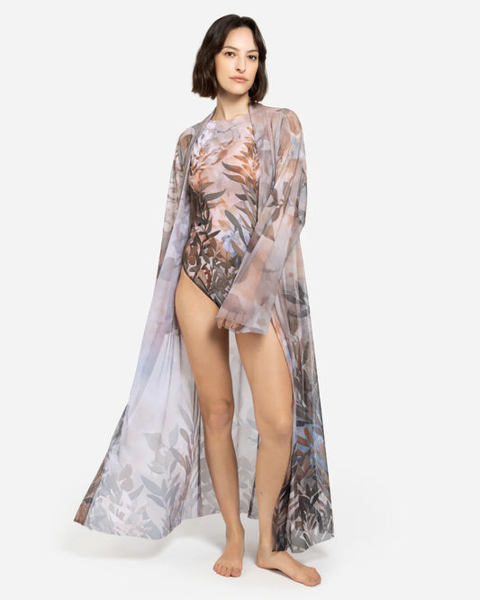 Designer sheer beach robe with a botanical leaf print in muted tones of dusty pink, taupe, brown, and soft blue-gray | RODA