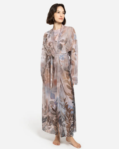 Designer sheer beach robe with a botanical leaf print in muted tones of dusty pink, taupe, brown, and soft blue-gray | RODA
