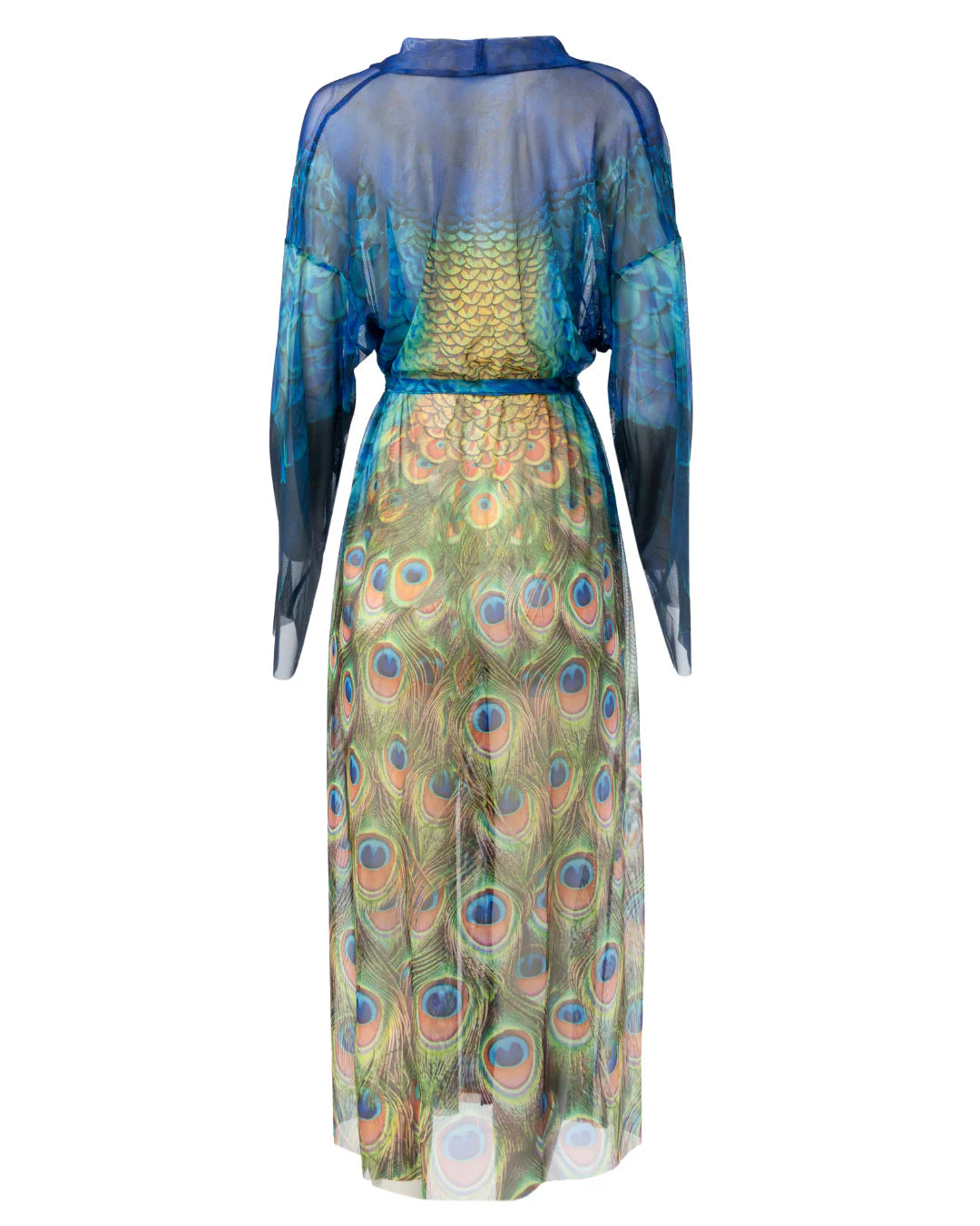 Designer long-sleeved sheer maxi beach robe with a vibrant peacock feather print, featuring a blue gradient top and a green patterned bottom | RODA