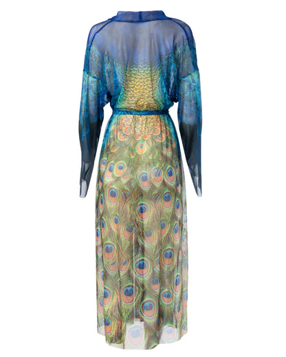 Designer long-sleeved sheer maxi beach robe with a vibrant peacock feather print, featuring a blue gradient top and a green patterned bottom | RODA
