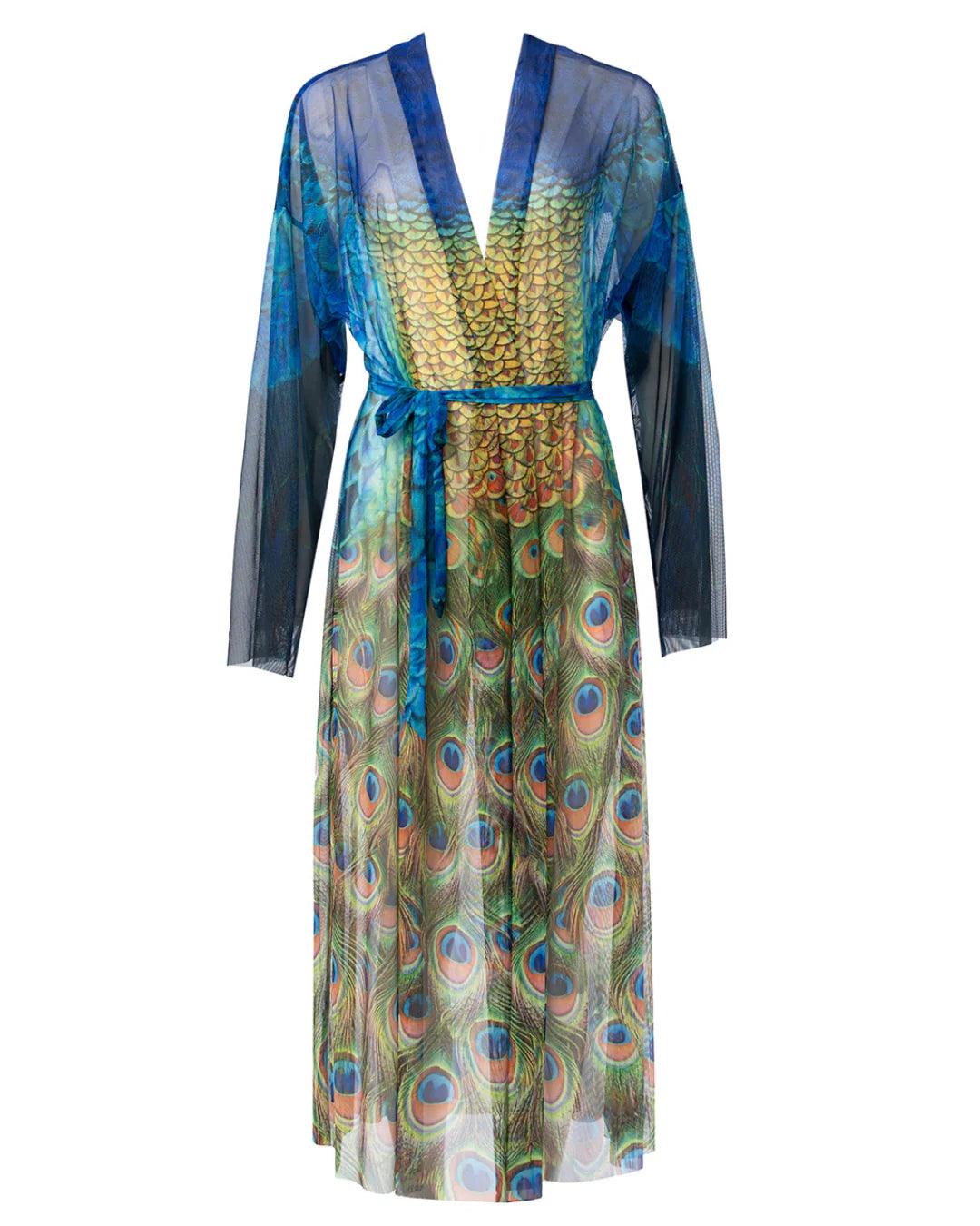 Designer long-sleeved sheer maxi beach robe with a vibrant peacock feather print, featuring a blue gradient top and a green patterned bottom | RODA