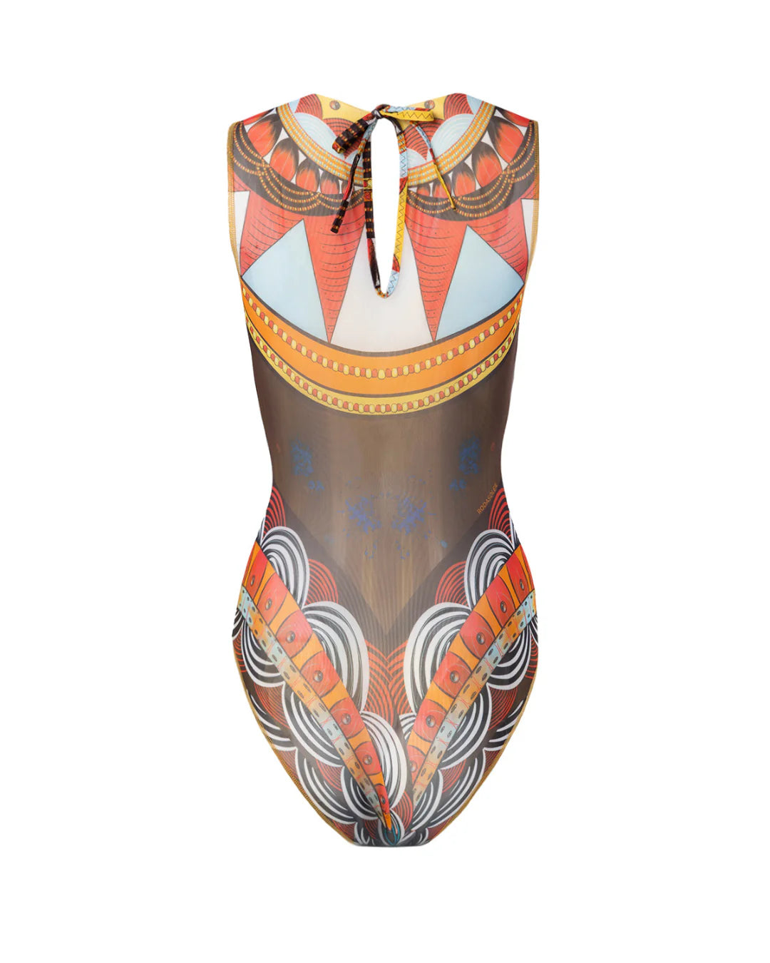 Designer sleeveless one-piece swimsuit with sheer mesh front and an intricate, colorful African dashiki-inspired geometric print in orange, red, yellow, brown, and white | RODA
